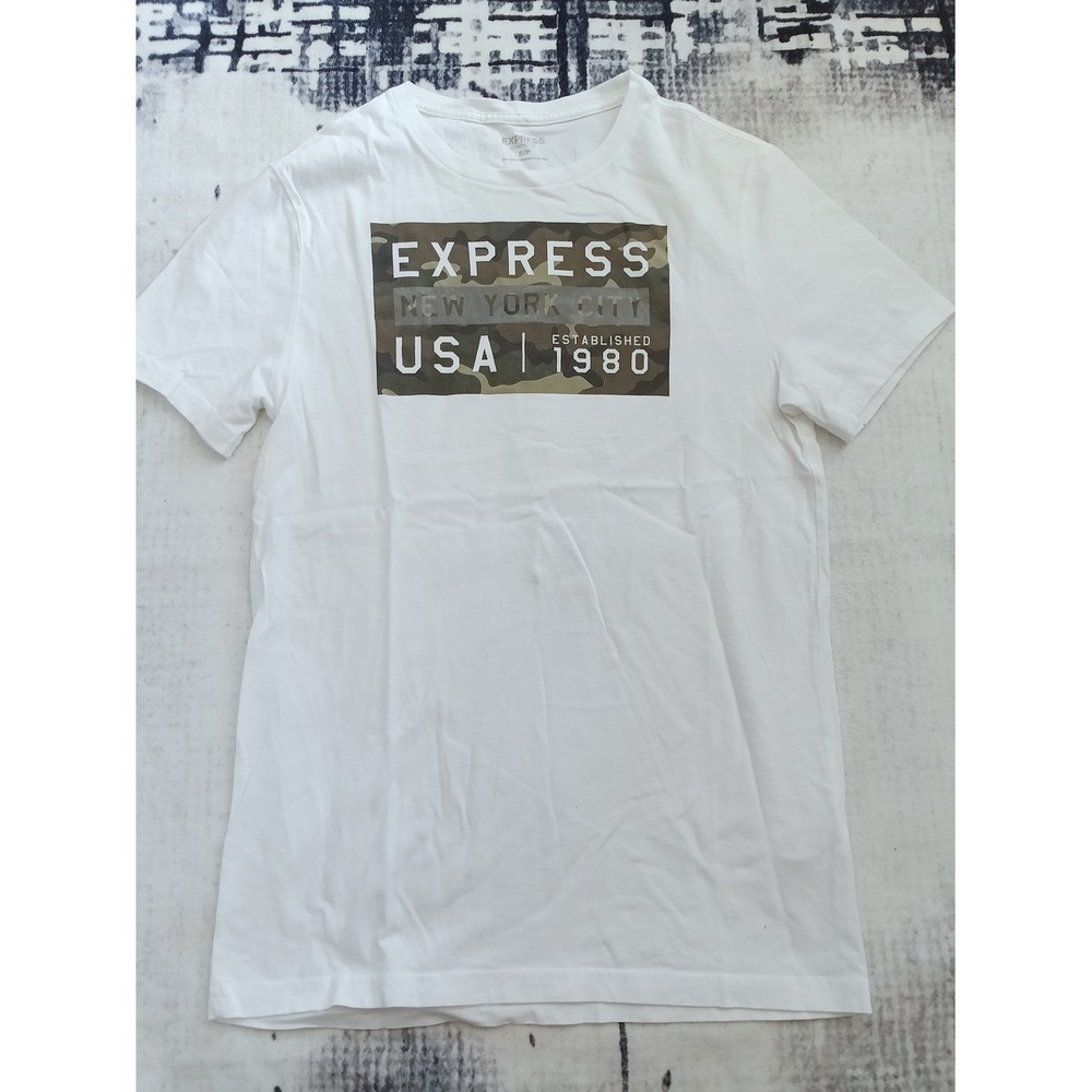 Express Men's White Graphic Tee with Camouflage Print